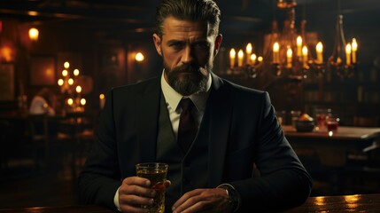 A man in a black suit poses in a dimly lit bar with a drinking glass.