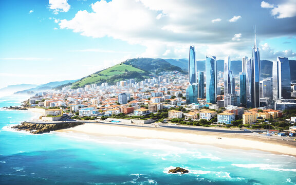 Aerial View of a Modern Coastal City, Coastal City with a Stunning Skyline and Beach,A City by the Sea 