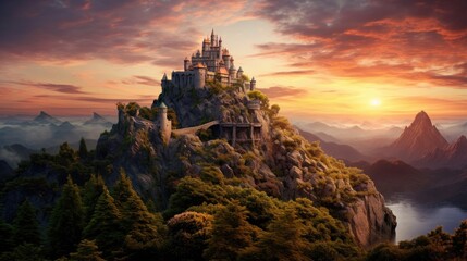 Castle on the hill morning or sunset. Generative AI