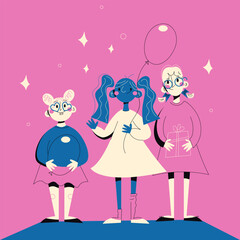 Bright invitation to kids birthday party retro style.Happy girl invitation banners.Children event celebration flyer.Cartoon vector posters.