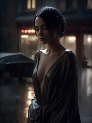 woman in a dress in the rain, generative AI