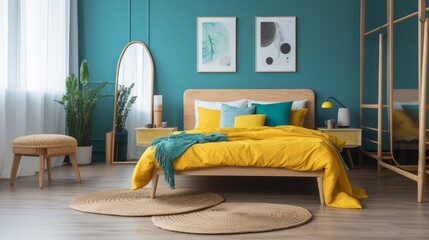 scandinavian design house beautiful concept bedroom interior design with colour accent wall headboard feature wall bedroom with daylight cosy atmosphere home interior concept,ai generate