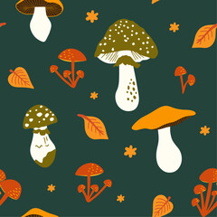 Seamless vector pattern design with cartoon cute mushrooms and autumn leaves. Fall season fungi illustration in cartoon retro flat groovy funky style. fly agaric, toadstool