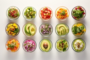 Many bowls with healthy food slices, top view, AI Generated