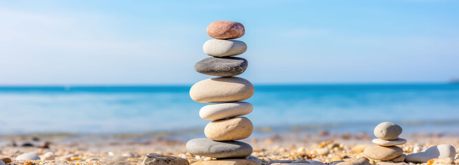 Some stones are stacked on a beautiful seaside sandy beach