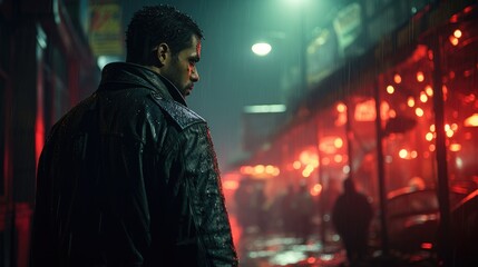 Obraz premium An Italian undercover agent wearing a black tuxedo and trench coat enters a dark and dangerous-looking alley.