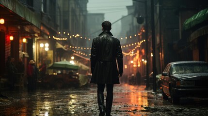 An Italian undercover agent wearing a black tuxedo and trench coat enters a dark and dangerous-looking alley.