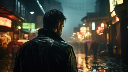 An Italian undercover agent wearing a black tuxedo and trench coat enters a dark and dangerous-looking alley.