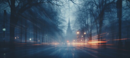 City street foggy night scene background. Motion blur effect. Generative AI technology.