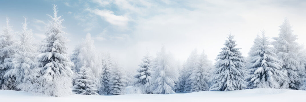Wide panorama of pine trees and snow field after snowfall in winter