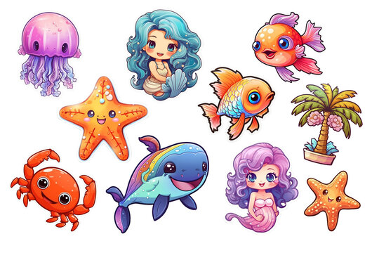 Cute little mermaid, fishes, sea animals and starfish sticker collection. Generative ai