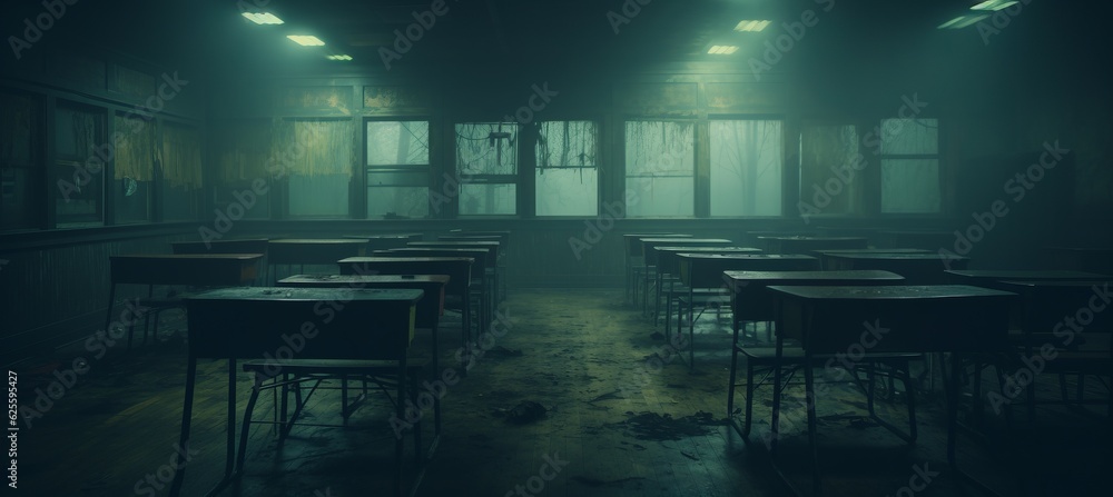 Poster empty foggy dim classroom melancholic background. generative ai technology.