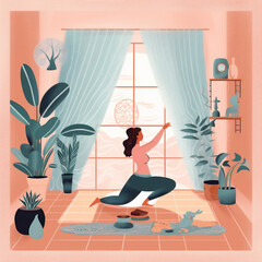 woman dog meditation cartoon home fitness training body sport lifestyle yoga. Generative AI.