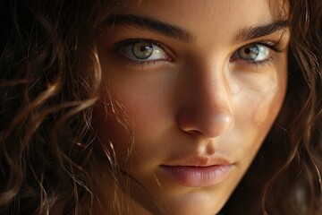 Intimate close up of a woman's face, soft natural light, detailed texture of the skin.