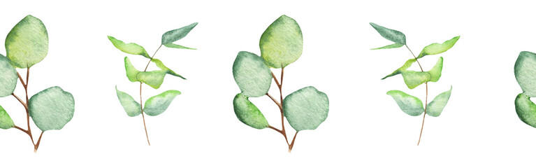 Seamless pattern green leaves trees and branches, foliage of natural branches, green leaves, herbs, tropical plants hand drawn watercolor on white background.