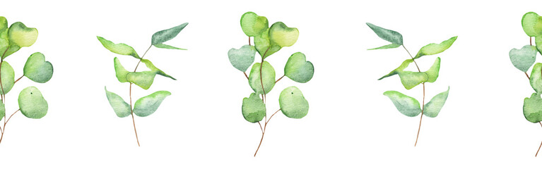 Seamless pattern green leaves trees and branches, foliage of natural branches, green leaves, herbs, tropical plants hand drawn watercolor on white background.