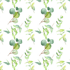 Seamless pattern green leaves trees and branches, foliage of natural branches, green leaves, herbs, tropical plants hand drawn watercolor on white background.