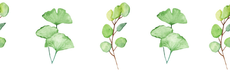 Seamless pattern green leaves trees and branches, foliage of natural branches, green leaves, herbs, tropical plants hand drawn watercolor on white background.