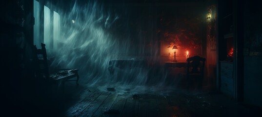 Creepy horror room on dark melancholic night background. Generative AI technology.
