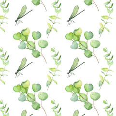 Seamless pattern green leaves trees and dragonfly foliage of natural branches, green leaves, herbs, tropical plants hand drawn watercolor on white background.