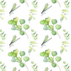 Foto op Plexiglas Seamless pattern green leaves trees and dragonfly foliage of natural branches, green leaves, herbs, tropical plants hand drawn watercolor on white background. © Makarova Art