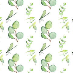 Seamless pattern green leaves trees and dragonfly foliage of natural branches, green leaves, herbs, tropical plants hand drawn watercolor on white background.