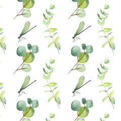 Seamless pattern green leaves trees and dragonfly foliage of natural branches, green leaves, herbs, tropical plants hand drawn watercolor on white background.