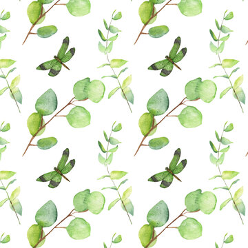 Seamless pattern green leaves trees and dragonfly foliage of natural branches, green leaves, herbs, tropical plants hand drawn watercolor on white background. © Makarova Art