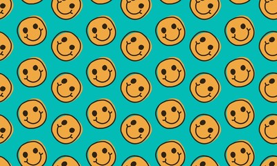 Fototapeta premium smiley face cute happy emoticon day retro vintage aesthetic seamless pattern, Ideal for wallpaper, background, interior paintings, posters, covers or banners