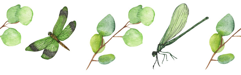 Seamless pattern green leaves trees and dragonfly, foliage of natural branches, green leaves, herbs, tropical plants hand drawn watercolor on white background.