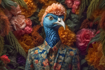 woman bird feathers face young fashion glamour peacock jungle beautiful beauty. Generative AI.