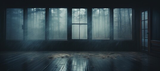 Empty room building with foggy forest background. Generative AI technology.