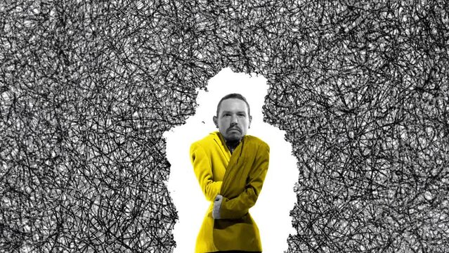 Man hiding from obsessive thoughts, endless critics and opinion of society. Hidden fears and breakdown. Stop motion, animation. Concept of inner world, feelings, mental health and psychology