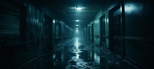 Fototapeta premium Abandoned tunnel corridor melancholic dark background. Generative AI technology. 