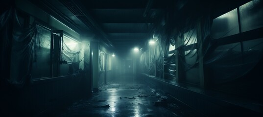 Abandoned haunted hallway melancholic dark background. Generative AI technology.	