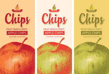 set vector label packaging for apple chips with realistic drawing of apple