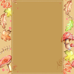 a set of watercolor elements. Autumn leaves of mountain ash, maple, oak. bright mushrooms. Cute funny foxes. suitable for printing greeting cards, invitation decor.