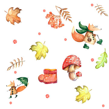 a set of watercolor elements. Autumn leaves of mountain ash, maple, oak. bright mushrooms. Cute funny foxes. suitable for printing greeting cards, invitation decor.
