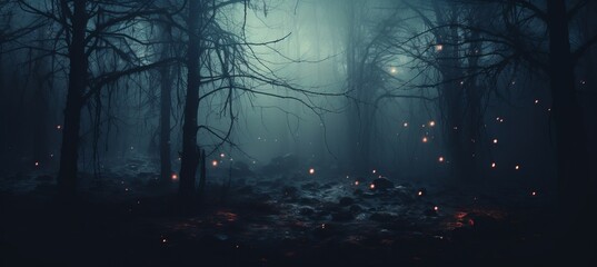 Foggy forest and fireflies shine on melancholic dark night scene. Generative AI technology.	