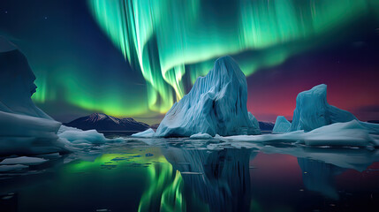 Arctic Kaleidoscope - When Icebergs Mirror the Northern Lights in a Breathtaking Aqueous Canvas.