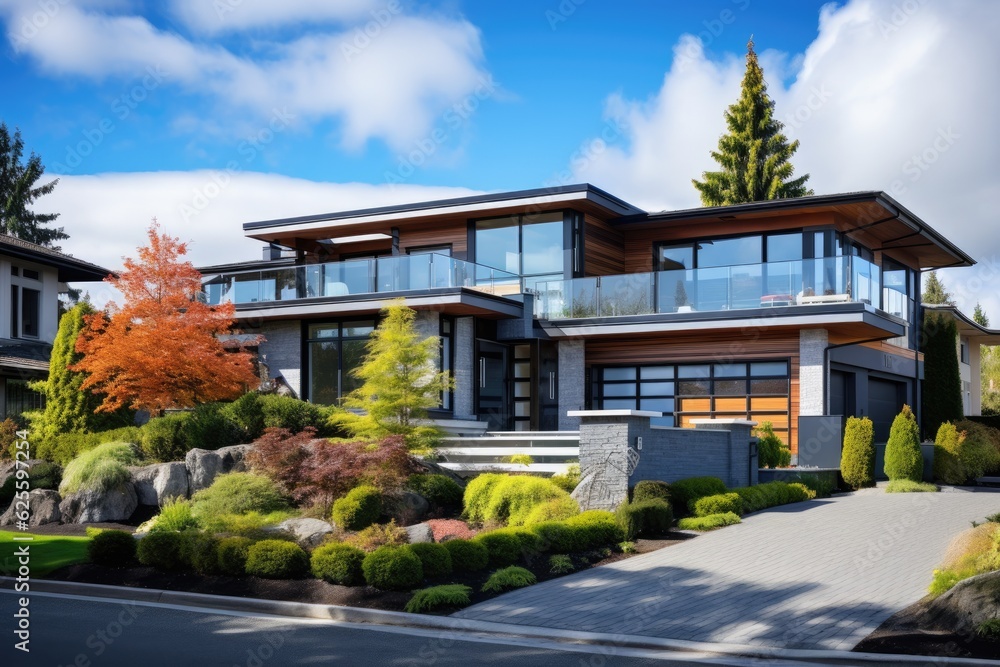 Canvas Prints A portion of a stunning suburban residence nestled in the suburbs of Vancouver, Canada, boasting a vibrant and well maintained exterior, complemented by a picturesque outdoor scenery.