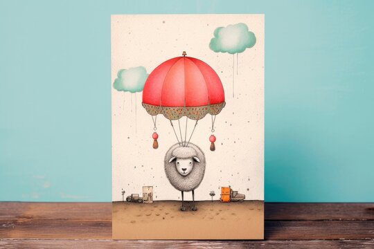 Greeting card Cute Sheep with umbrella. It rains and clouds on background