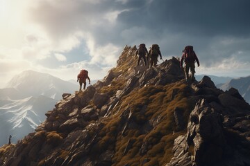 Photograph of people on mountain climbing adventures, Generative AI