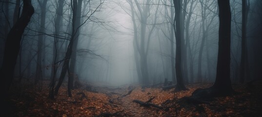 Foggy autumn forest melancholic background. Generative AI technology.	