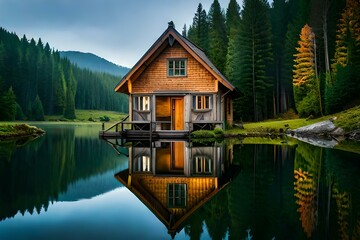 Obraz premium house on the lake generated Ai