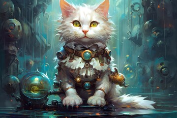 Sorcerer cat in a magic costume with magic orb nearby on beautiful fairy background, Magical cat Art