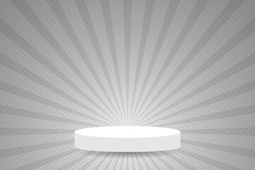 Empty White Podium Stage On Gray Sunburst Pattern Background With Halftone. Rays. Radial. Summer Banner. Vector Illustration