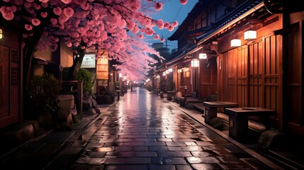 Fototapeta na wymiar View of Japanese Kyoto with flourishing cherry blossoms. Sakura season