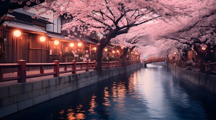 Fototapeta premium View of Japanese Kyoto with flourishing cherry blossoms. Sakura season