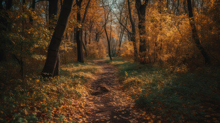 Obraz premium forest path in autumn with yellow leaves on the trees.